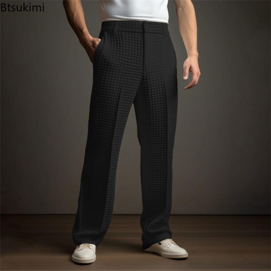 Pantaloni eleganți waffle pentru bărbați, uni, largi, drepți, pantaloni business, sociali, pentru ținută, pantaloni casual de vacanță pentru bărbați