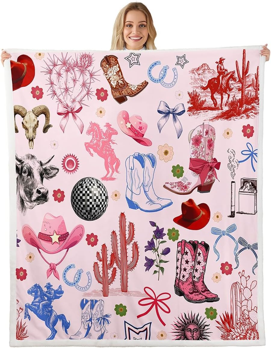 Western Cowboy Blanket Pink Cowgirl Theme Fleece Throw Ranch Decor Cactus Boots Hat Cozy Home Textile 75X95CM