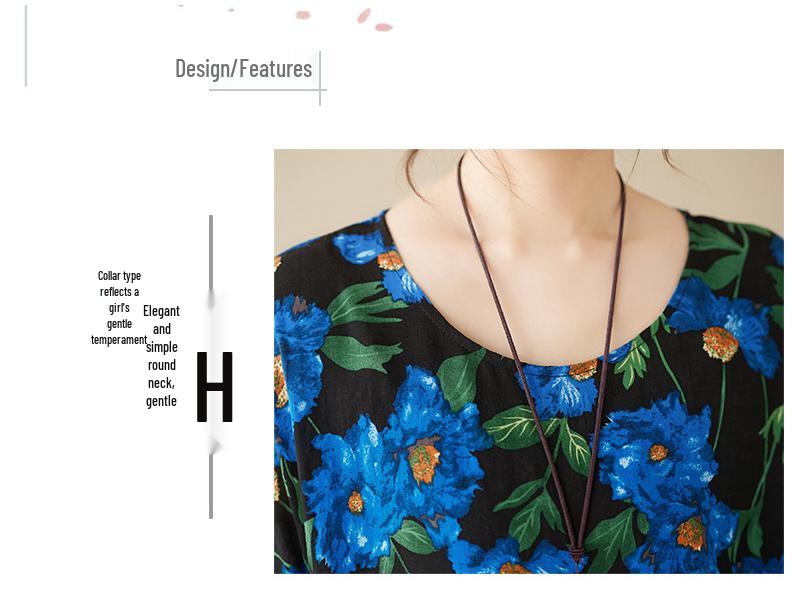 Blue Floral Cotton Linen Plus Size A-Line Dress - Summer 2023, Short Sleeve, Loose Fit