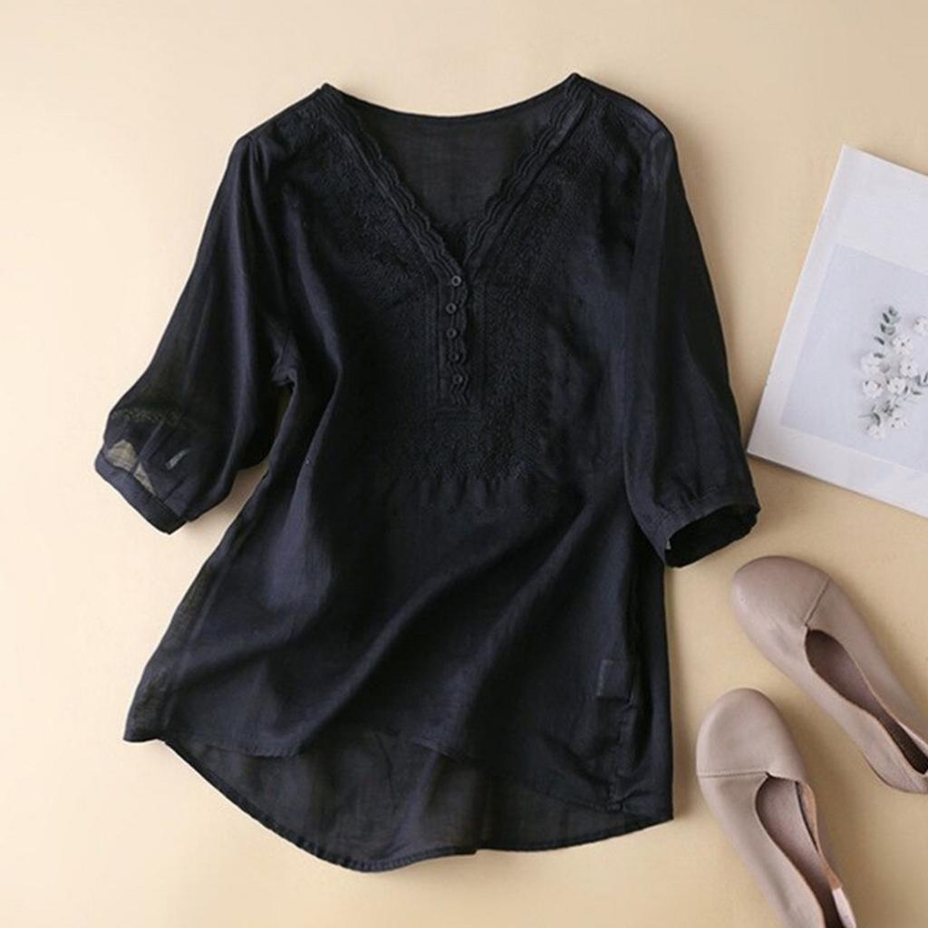 Women's Solid Color Cotton And Linen Short-sleeved Embroidered Retro Breathable T-shirt Round Neck Top