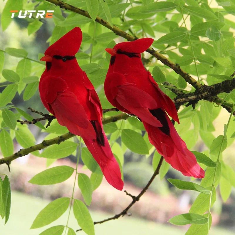 2pcs Simulation Feather Birds Handicraft Red Birds Figurines Garden Lawn  with Clips for Tree Decor Christmas Home Decoration