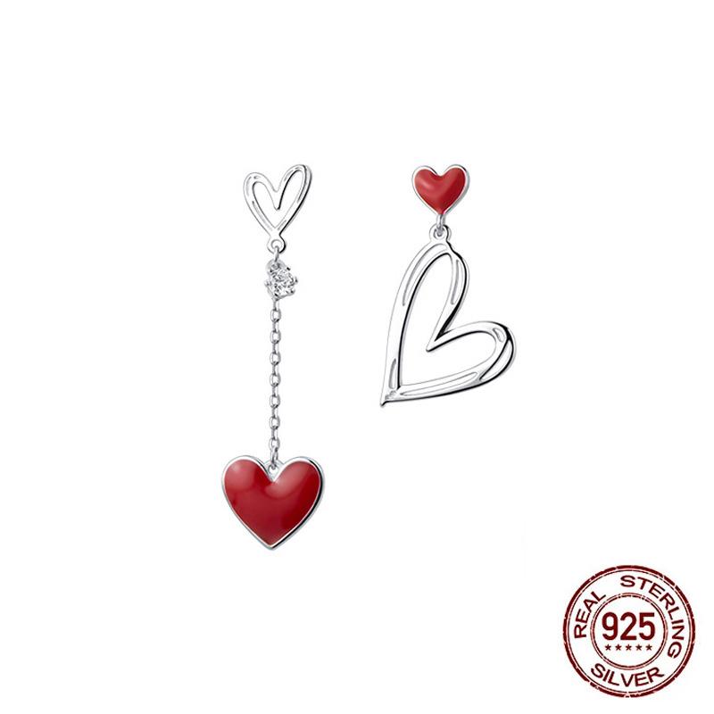925 Silver Red Asymmetric Love Heart Earrings Sweet Peach Jewelry For Women Wedding Party Fashion
