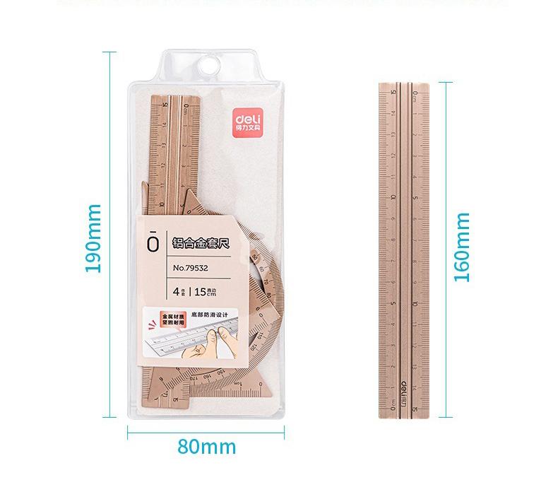 4 In 1 Deli Fizz Metal Ruler Stationery Set Aluminum Alloy Multifunctional Combination Ruler Triangle Protractor for Drawing