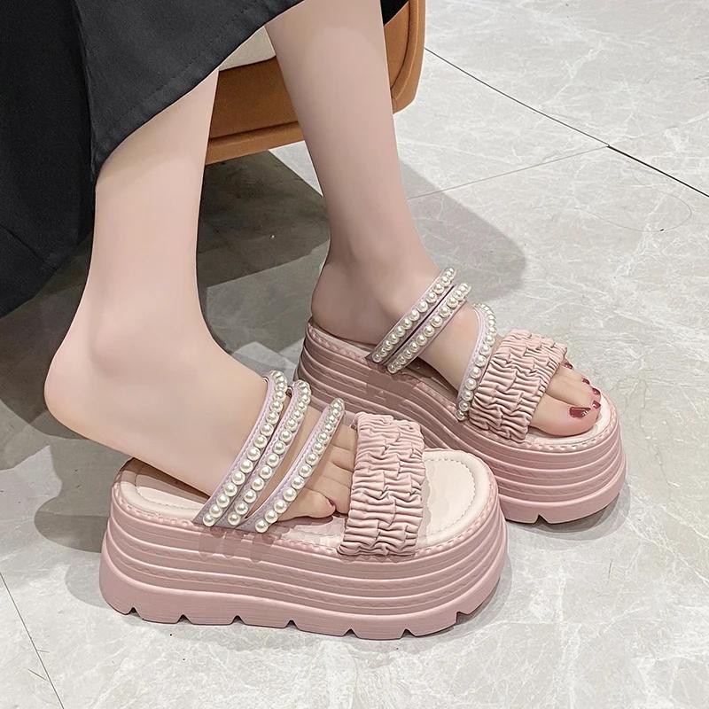 Fashion 8CM New 2025 Pearl Strap Chunky Sandals Women Summer High Platform Wedges Slippers Woman Fashion Heels Thick Bottom Beach Slides