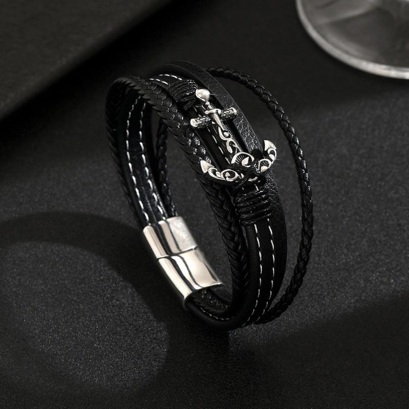 Personalized Fashion Retro Leather Stainless Steel Bracelet Multi Layer Braided Rope Black Series Men's