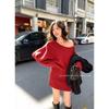 Womens Off-Shoulder Long Sleeve Knit Dress Slim Fit Casual Winter Sweater With Waist Belt