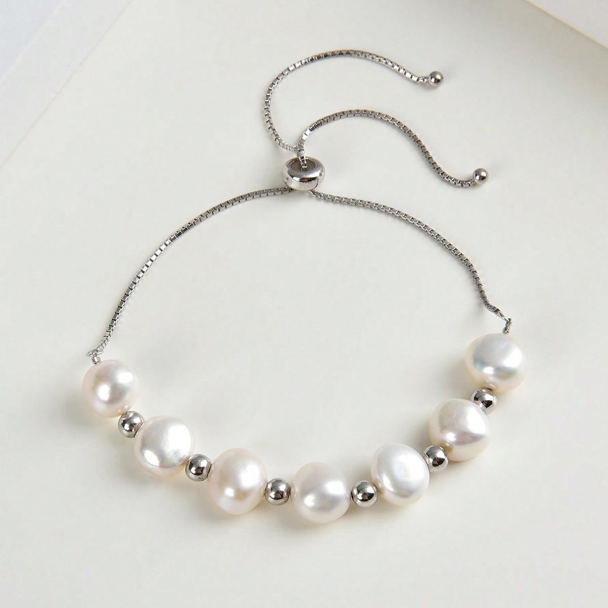 

Браслет из натурального пресноводного барочного жемчуга 8-10 мм с регулируемой длиной и проставками из стерлингового серебра S925 - Изысканный браслет для лучшей подруги для женщин.