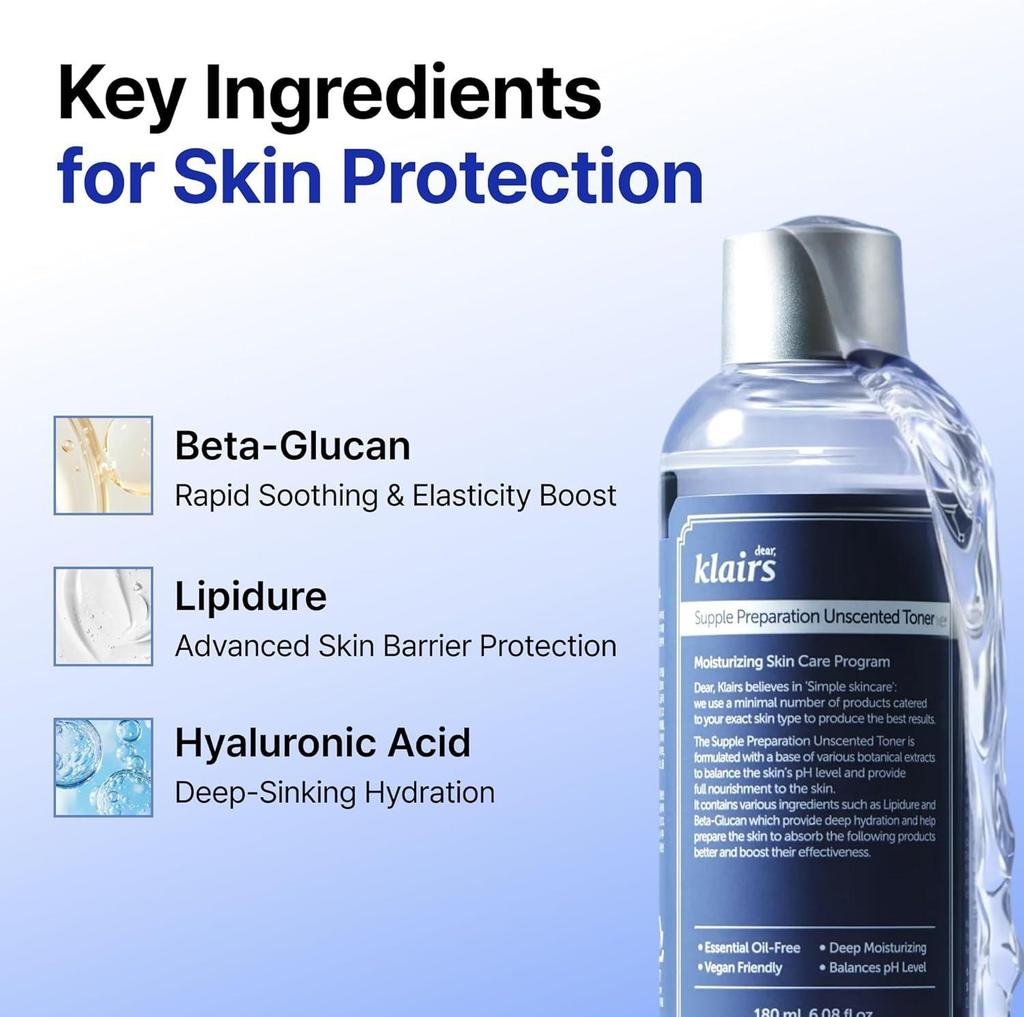 Dear, Klairs Supple Preparation Unscented Toner Deep Hydration pH Balancing 180ml