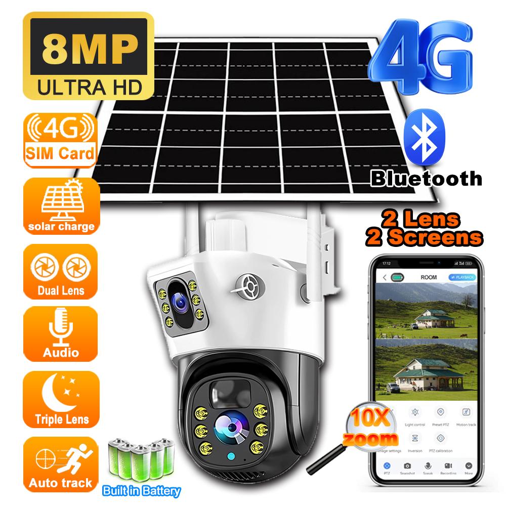 Outdoor Waterproof 4G/WIFI Solar Security CCTV, HD Night Vision Dual Cameras with PIR Human Detection