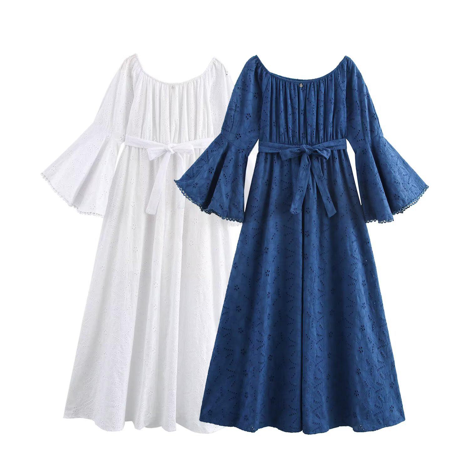 

European & American Retro Off-Shoulder Slim Fit Lace Bell Sleeve Dress Large