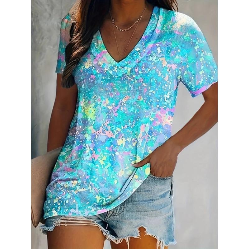 Women's T-Shirt Tie-Dye Water Drop 3d Pattern Printing Fashion Casual Oversized V-Neck Short-Sleeved Summer Women's Clothing