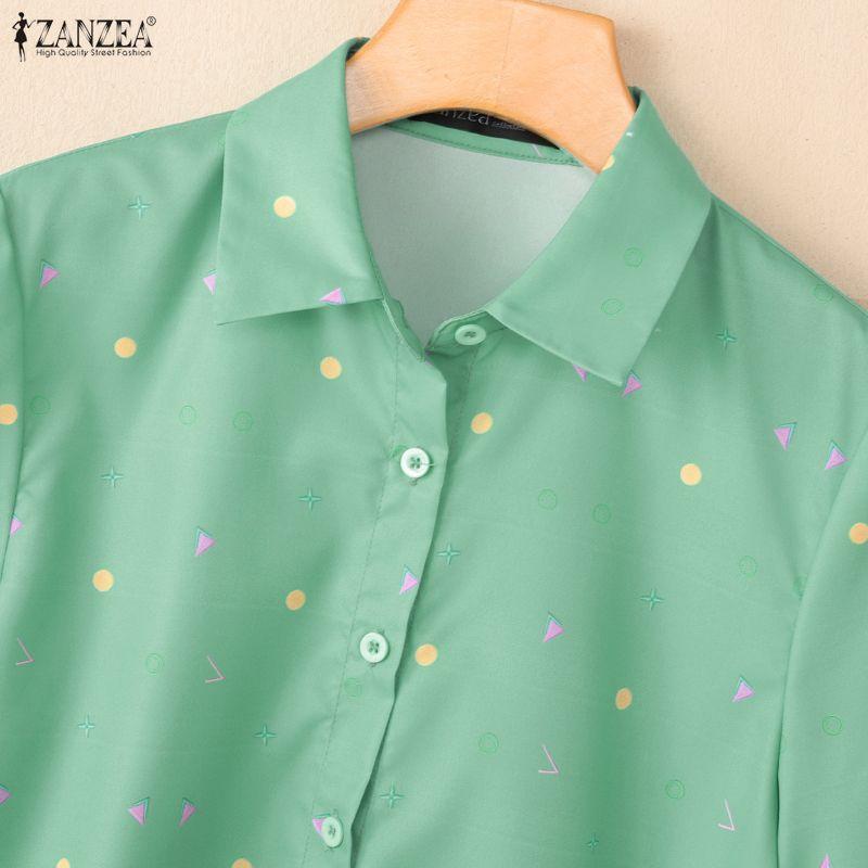 ZANZEA Women Casual Turn Down Collar Short Sleeve Print Blouse