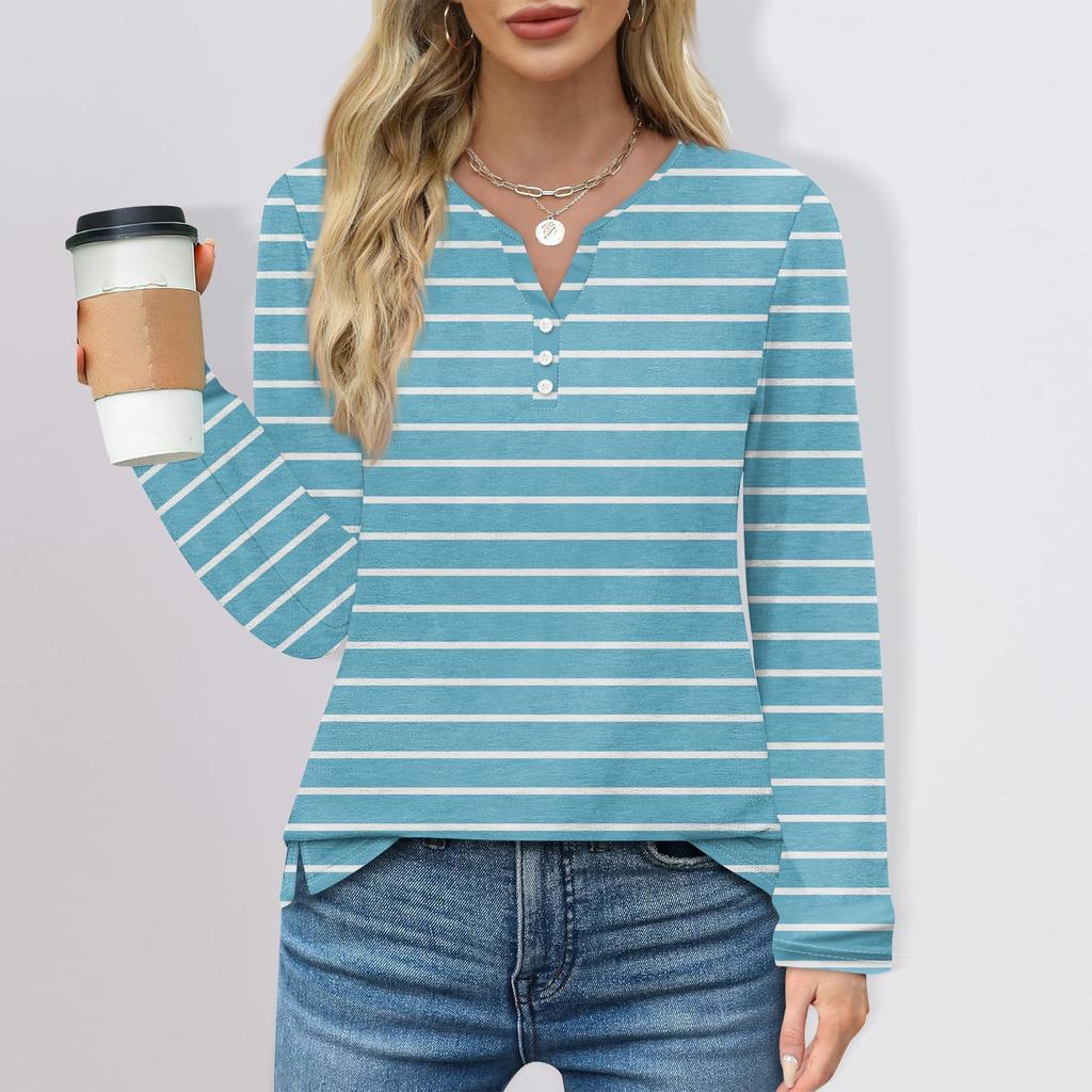 Damen T-Shirt mit Knopfleiste, Blumendruck, langärmelig, für den Alltag, Wochenende, Basic, V-Ausschnitt, normales Oberteil