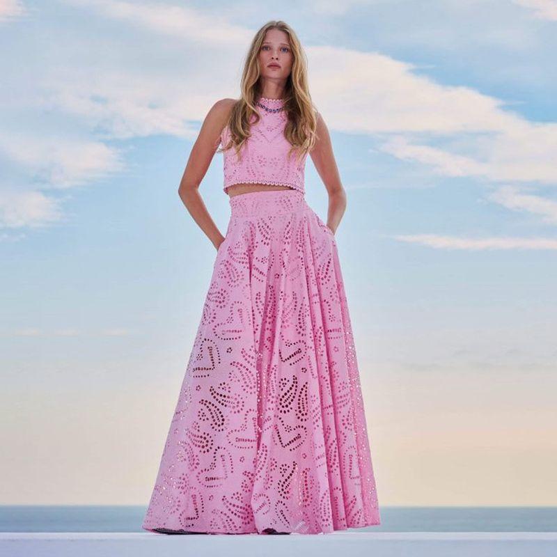 

Hollow Lace Set2025 Spring New Women clothes Sleeveless Embroidered Hollow Lace Long dress Vacation Set Pink XL