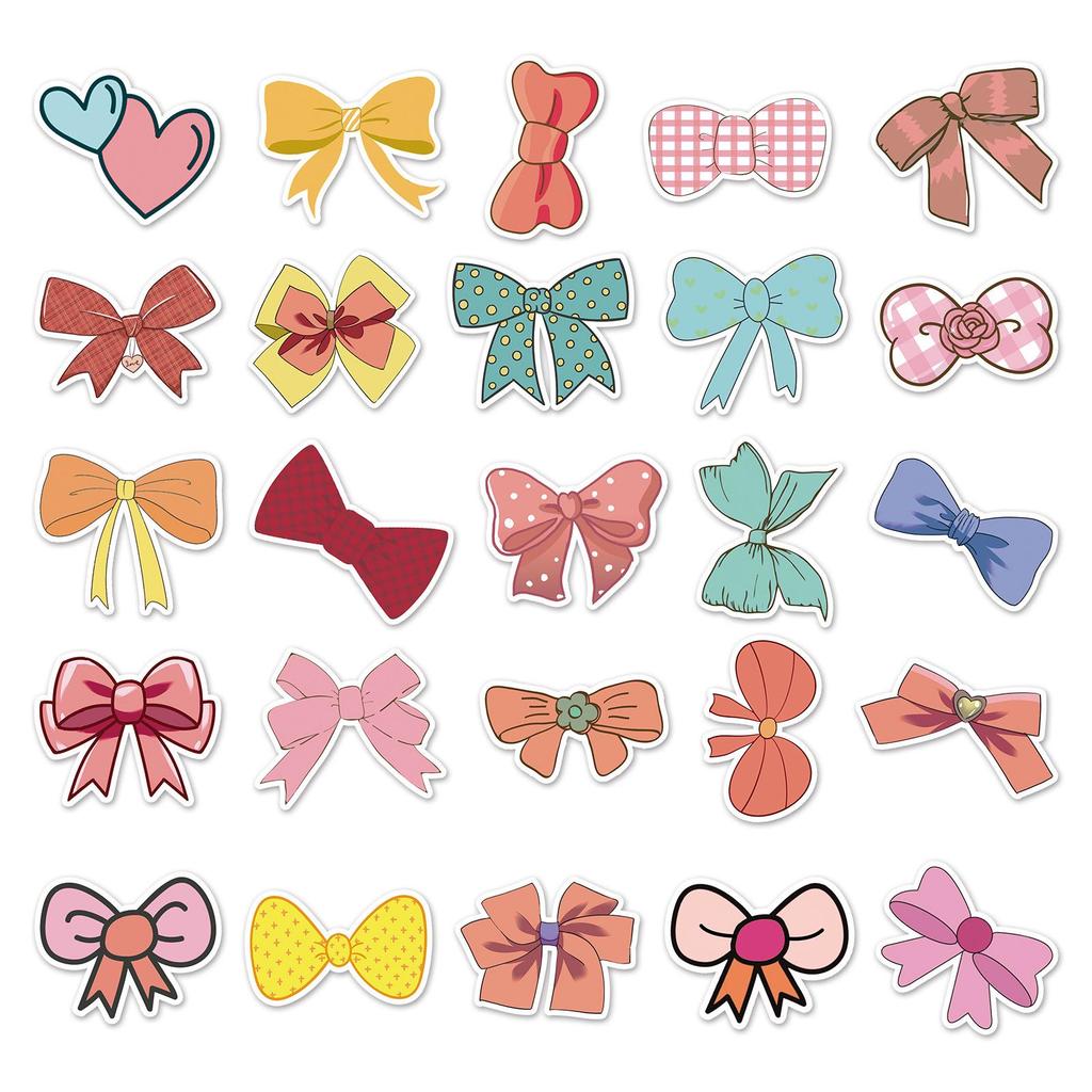 50 Sheets Cute Cartoon Bow Stickers for Kids - Waterproof, Ideal for Handbooks & Notebooks