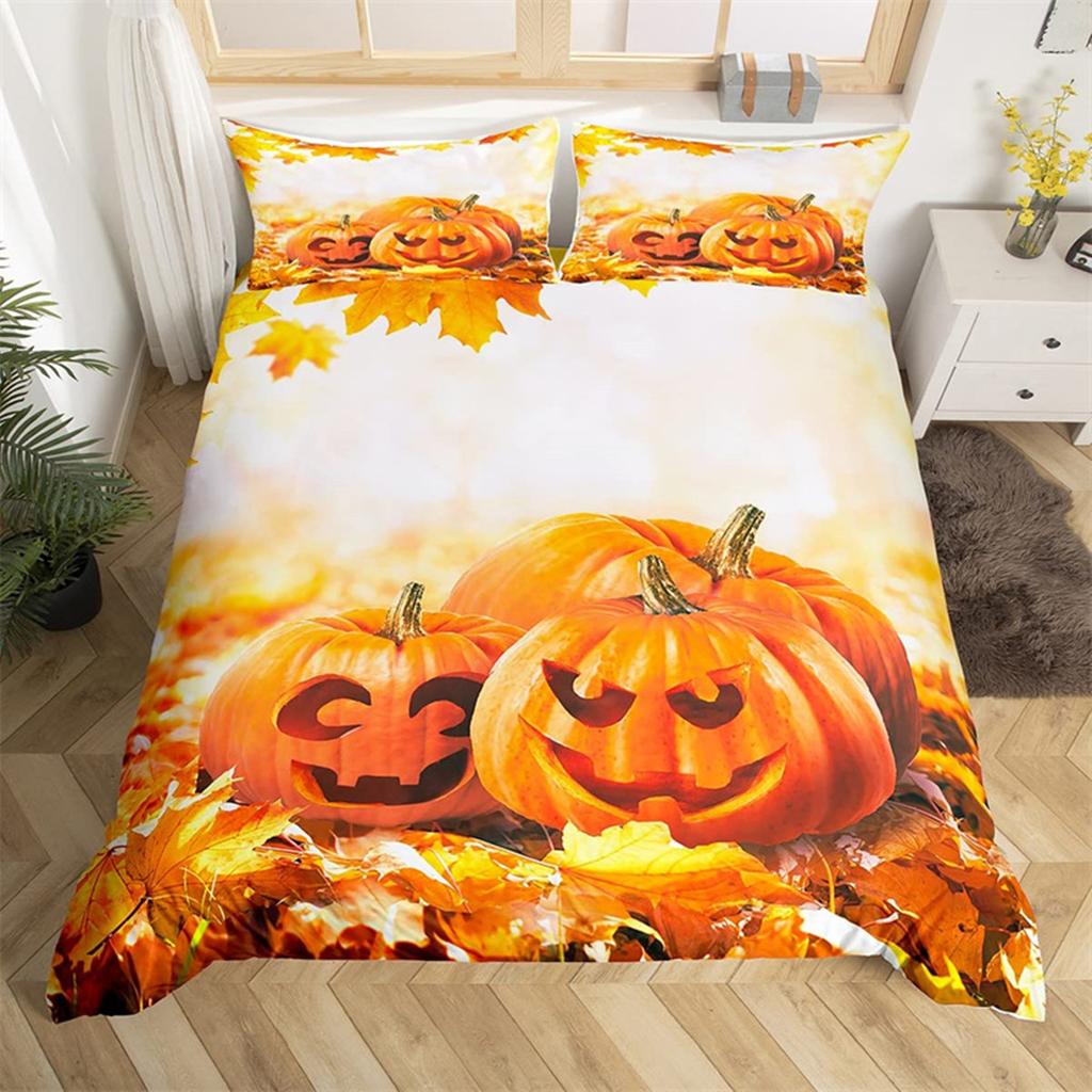 Fall Maple Leaves Autumn Harvest Theme Duvet Cover Cartoon Christmas Santa Thanksgiving Pumpkin Holiday Decor Gifts for Children
