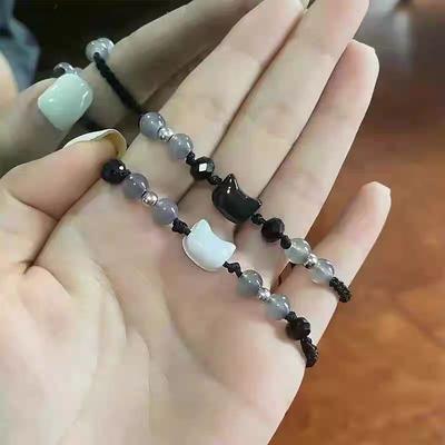 Natural Moonstone Obsidian Bracelets Couple Minimalist Bracelet Handmade Cute Black White Cat Bracelet Party Zircon Gifts