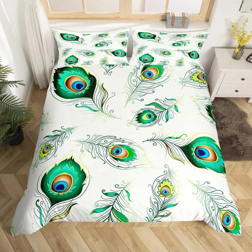 Peacock Feather Duvet Cover Set Full Queen Size Birds Feather Bedding Sets Chic Fantasy Peacock Feathers Comforter Cover