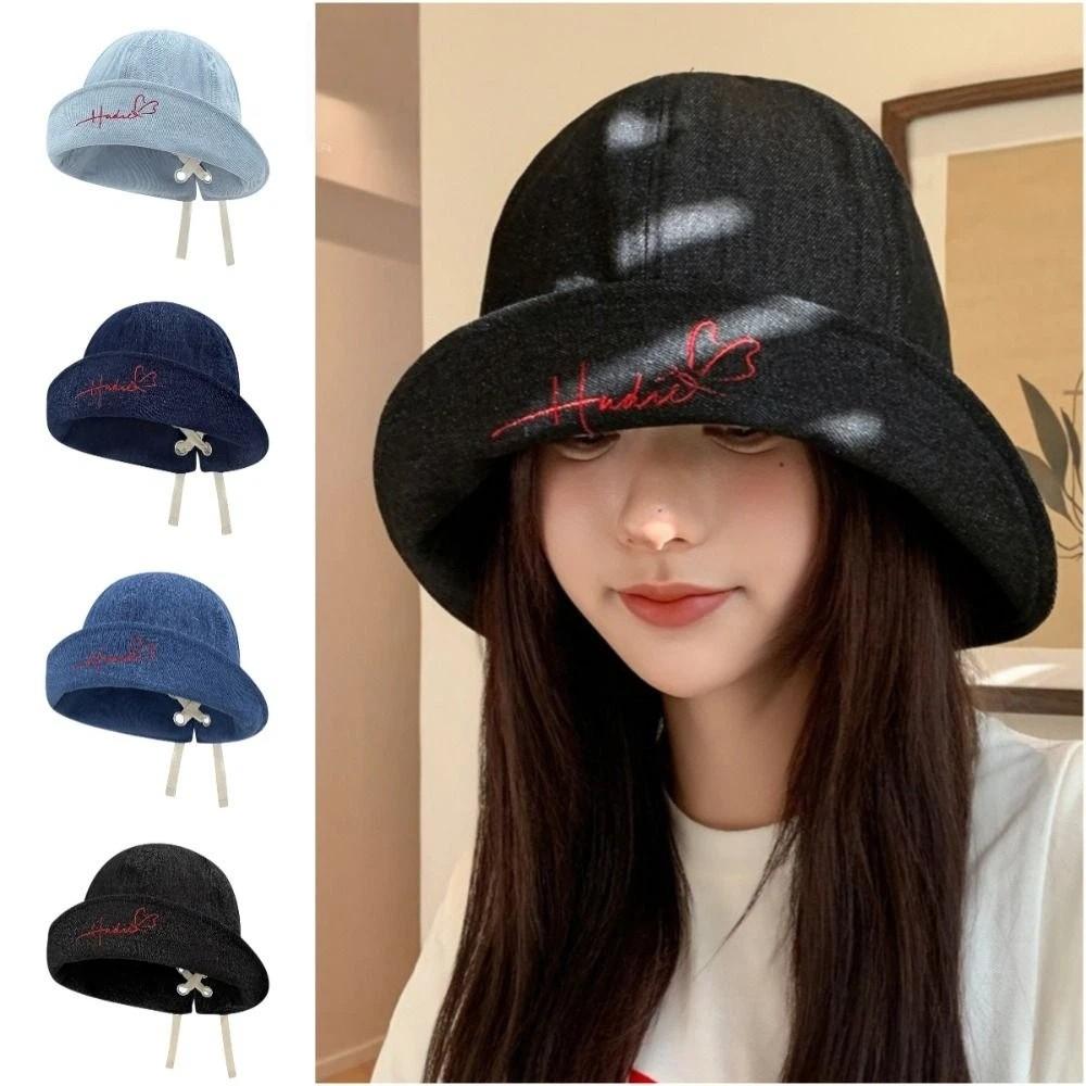 Letter Embroidery Distressed Cowboy Bucket Hat Drawstring Adjustable Windproof Fisherman Hat Wide Brim Casual Sun Hat