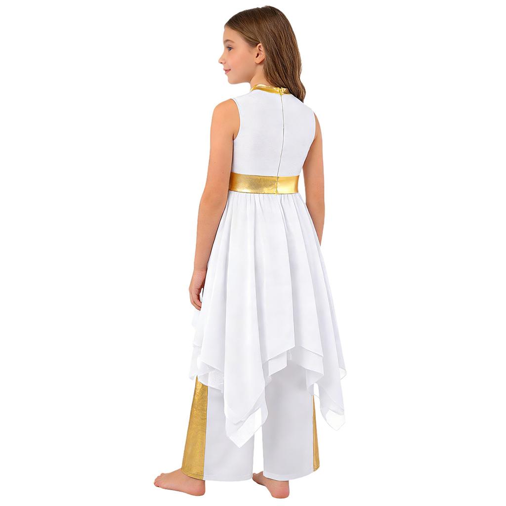 Girls Metallic Patchwork Sleeveless Dress Lyrical Dance Outfit Wide Leg Pants