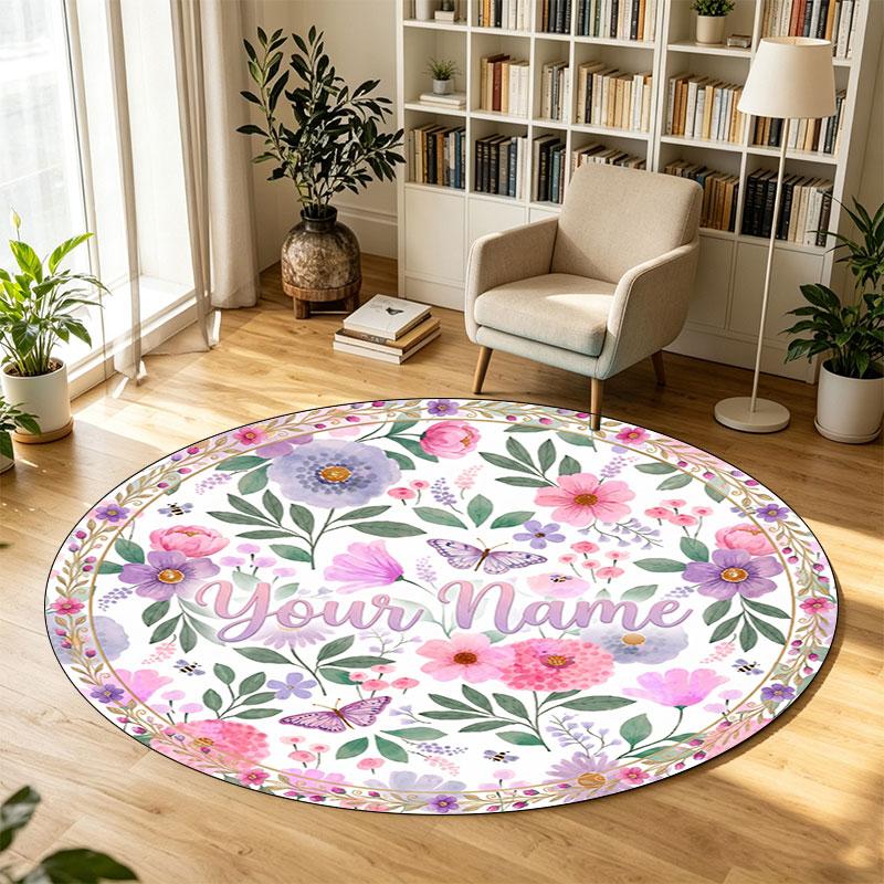 Floral Flowers (891) Theme Circular Crystal Velvet Carpet Customized Name & Text Round Soft Floor Rug For Living Room Bedroom Decor