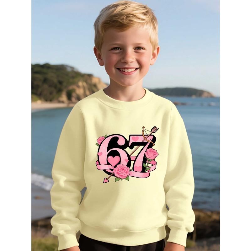 Kids Unisex  Crewneck Sweatshirt, Pink Rose Heart Cupid Arrow Ribbon 67 Graphic Long Sleeve Pullover, Soft Fleece Sweatshirts for Boys Girls Ages 4+