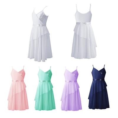 Robe de danse pour filles, costume de patinage, paillettes scintillantes, ourlet irrégulier, robe en mousseline de soie
