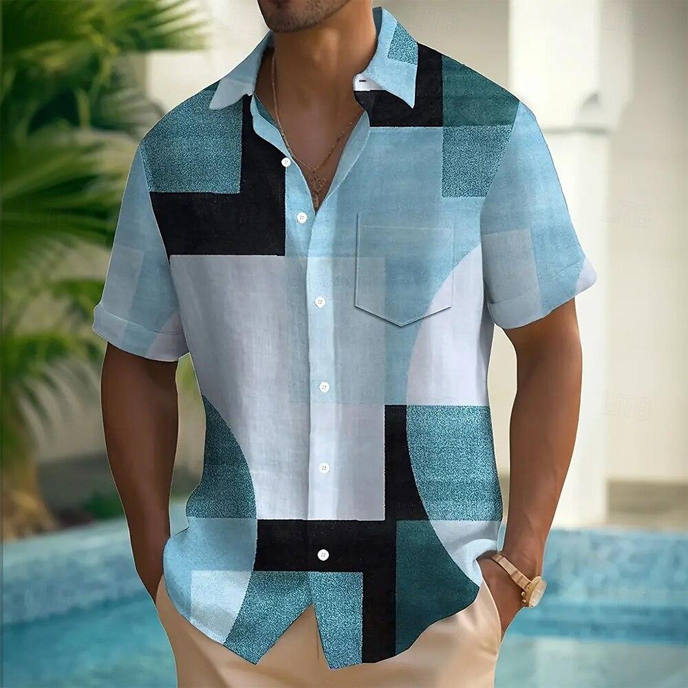 Herren Geometrisches Color Block Patchwork Hemd Knopfhemd Kurzärmelig Mode Lässig Sommer Kragen 3D-Druck mit Tasche Hemd