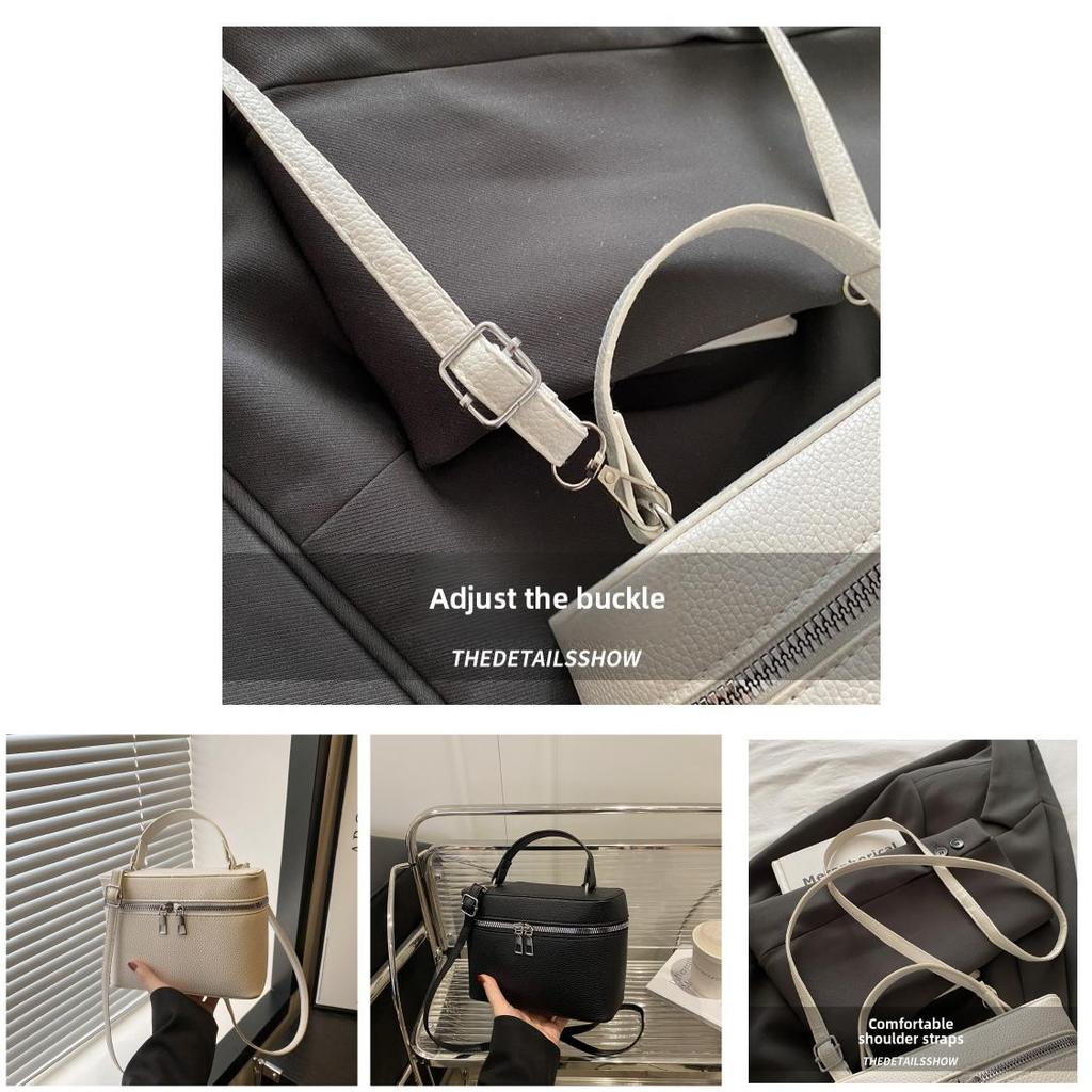 Solid Color Lychee Texture Embossed Shoulder Square Bag With Zipper Closure For Daily Use