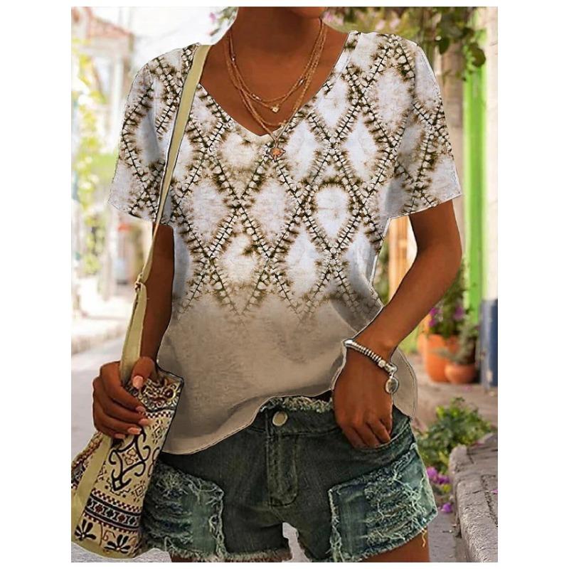 Summer V-neck 3D Retro Ethnic Style Printed Top Fashionable Casual Short Sleeved Women's T-shirts