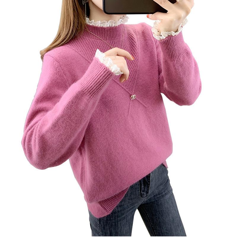 Winter Sweater Women Half High Collar Pullovers Thickened Bottom Sweater Lace Splice Overlay Tops Sweater