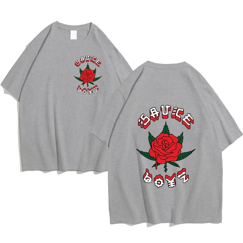 Men Cotton TShirts Rapper Eladio Carrion Print Women Rose Flower Graphics TShirts Sauce Boyz Music Album Unisex Hip Hop Top Tee