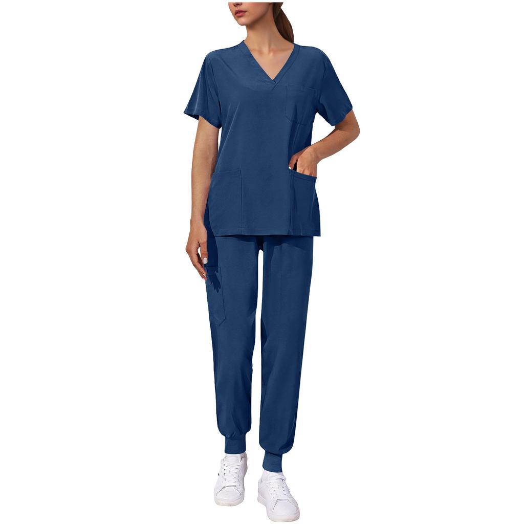 Women's Uniform Quick,drying Fabric Color V,neck Pocket Short,sleeved Trousers Suit Uniform Suit