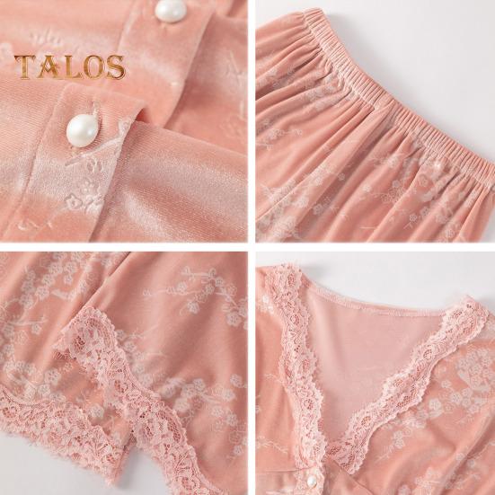 2 шт./комплект осень-зима женская пижама костюм кружевная отделка V-образный вырез принт — фото 8