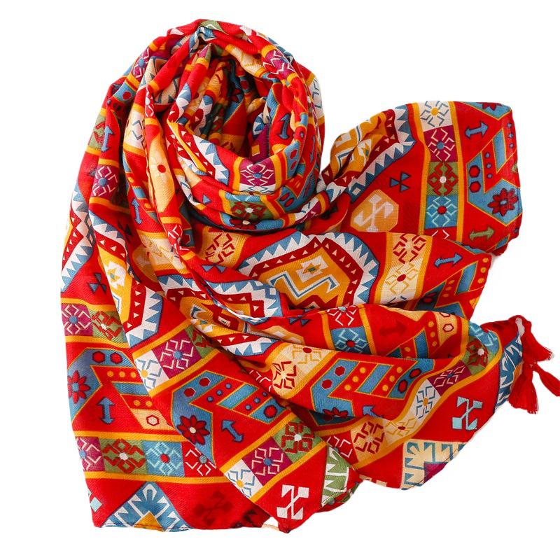 Yitao Bohemian Red Vintage Ethnic Travel Shawl - Silk-Like Cotton Linen Sunscreen Scarf for Women