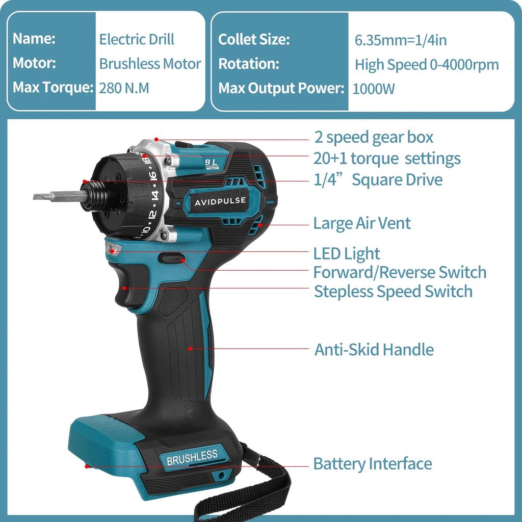 AvidPulse 20+1 Drehmoment 1/4 Zoll Bürstenloser Elektrischer Schraubendreher Akku 280N.m Elektrische Bohrmaschine Elektrowerkzeug Für Makita 18V Akku