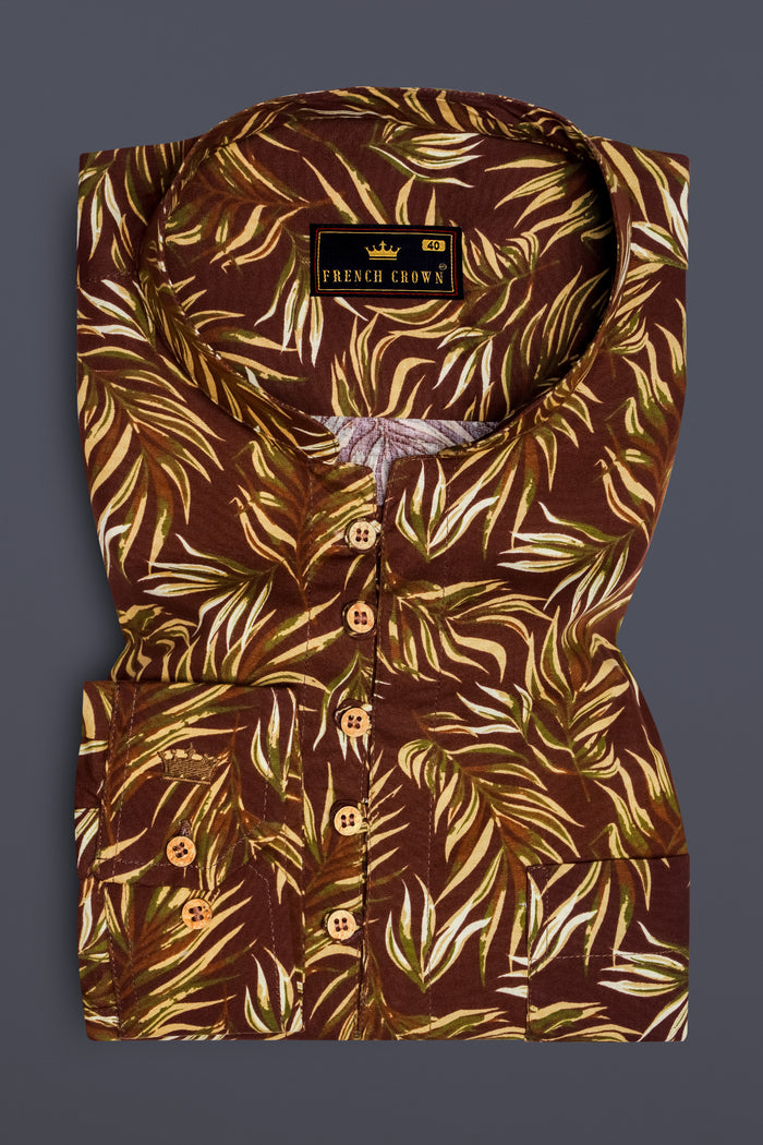 Bistre Brown Leaves Printed Twill Premium Cotton Kurta Shirt 46