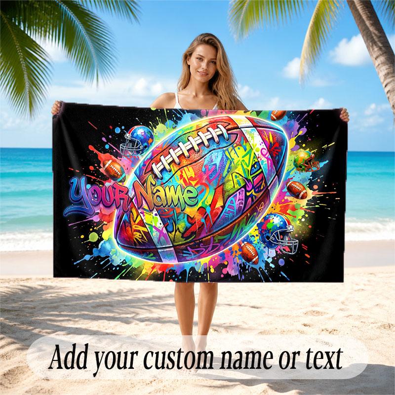 American Football Theme Beach Towel Personalized Custom Name & Text Soft Quick Dry Beach Towel for Swimming Travel