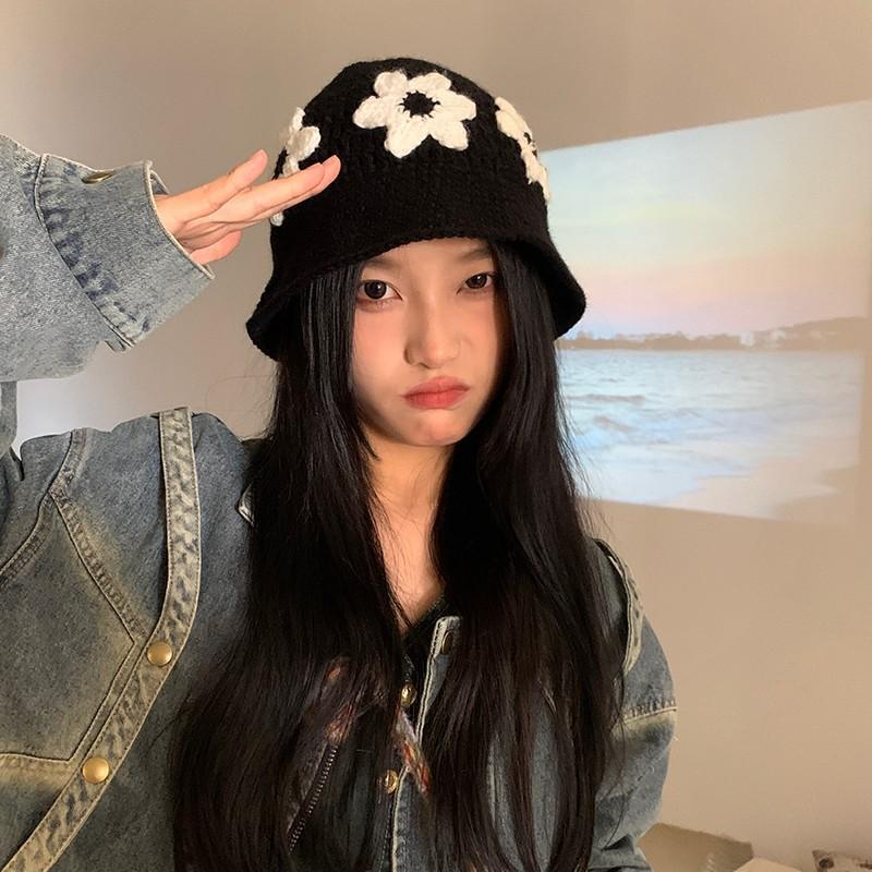 

Comfortable Knit Oversized Hat With Ear Protection And Adorable Flower Pattern For Weather Cold Black White Floral
