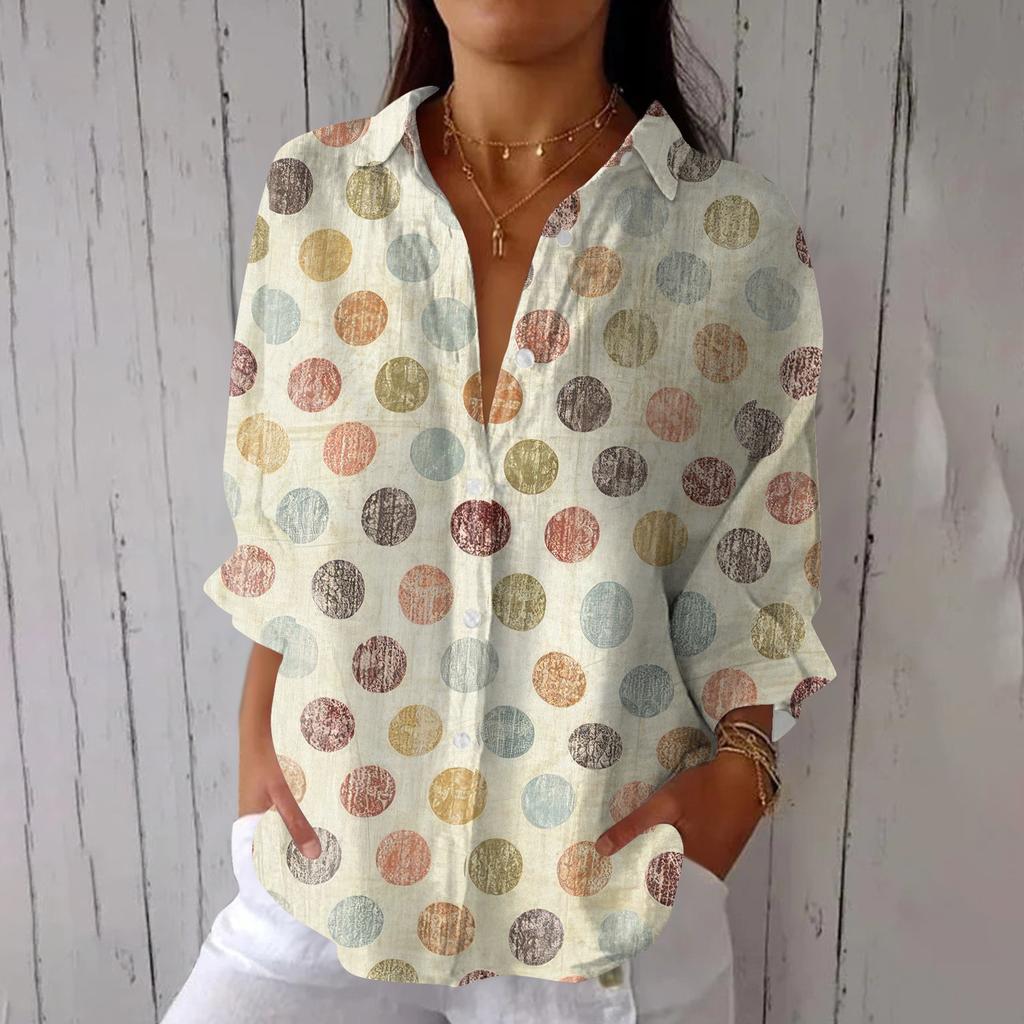 Women's Fashion Seven Sleeve Casual Lapel Back Tie Shirt Printed T-Shirt Top