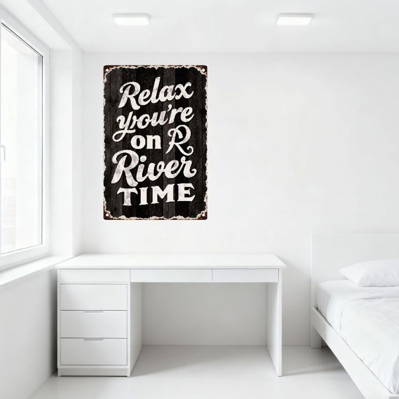 Vintage 'Relax You're On River TIME' Metal Tin Sign Rustic Wooden Background Rust Texture Wall Decor for Cabin Lodge River-Side