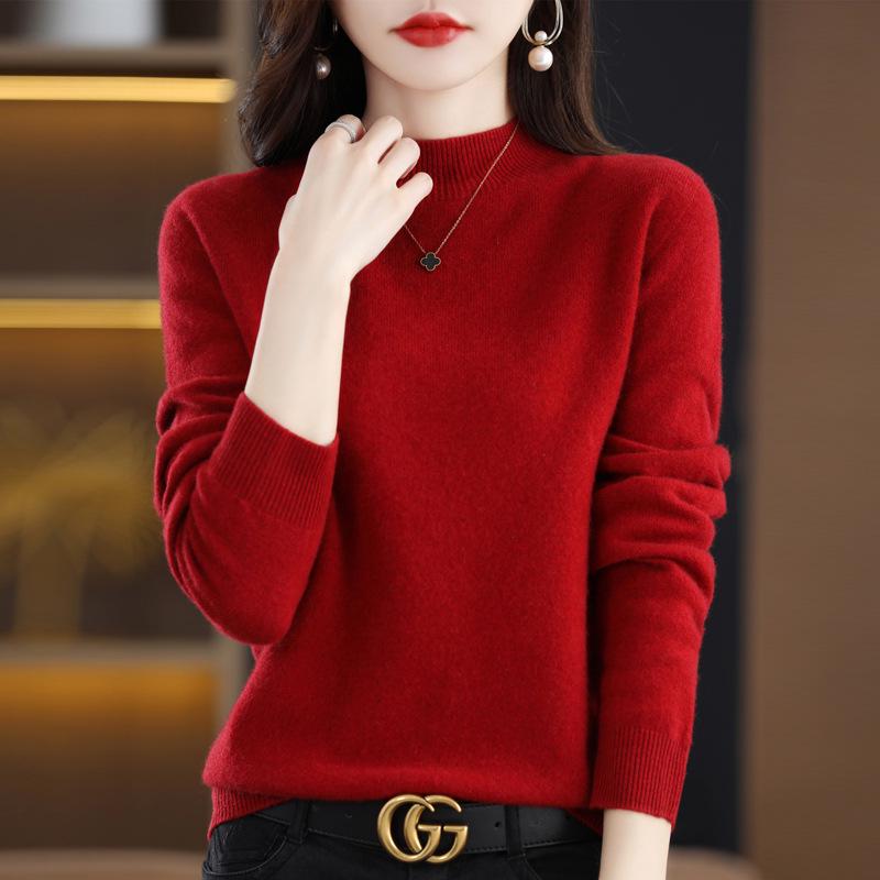 Women's Seamless Knit Half-High Neck Pullover: Loose, Slim-Fitting, Long Sleeve Sweater for Autumn/Winter