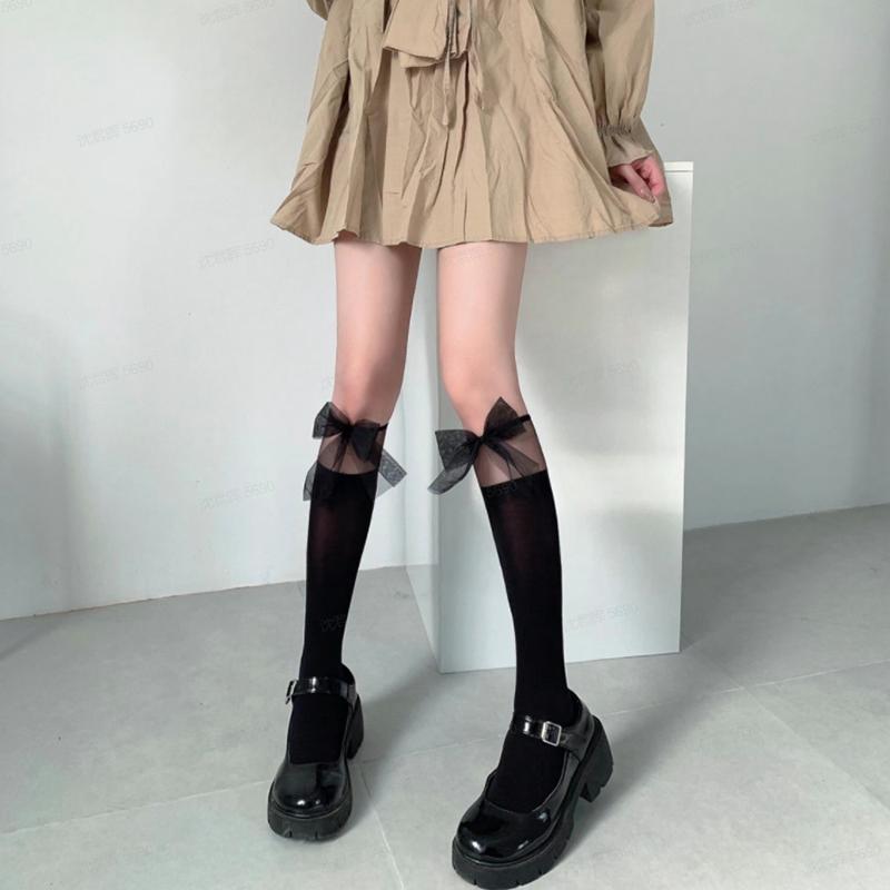 

Ribbon Bows Transparent Patchwork Stockings For Women JK Lace Long Socks Kawaii Lolita Girl Mesh Calf Sock Calcetines Mujer one size