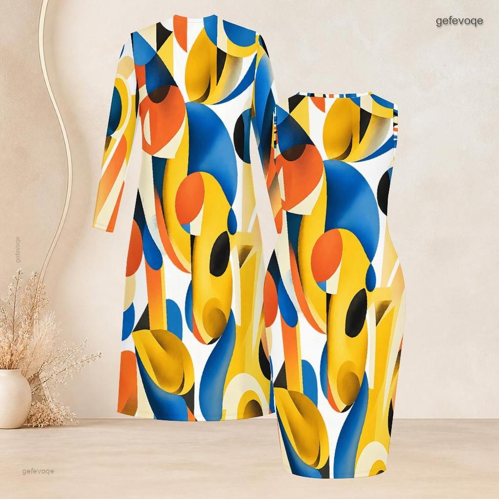 Women Plus Size Two Piece Set Long Sleeve Open Front Cardigan Round Neck Sleeveless Printed Bodycon Dress