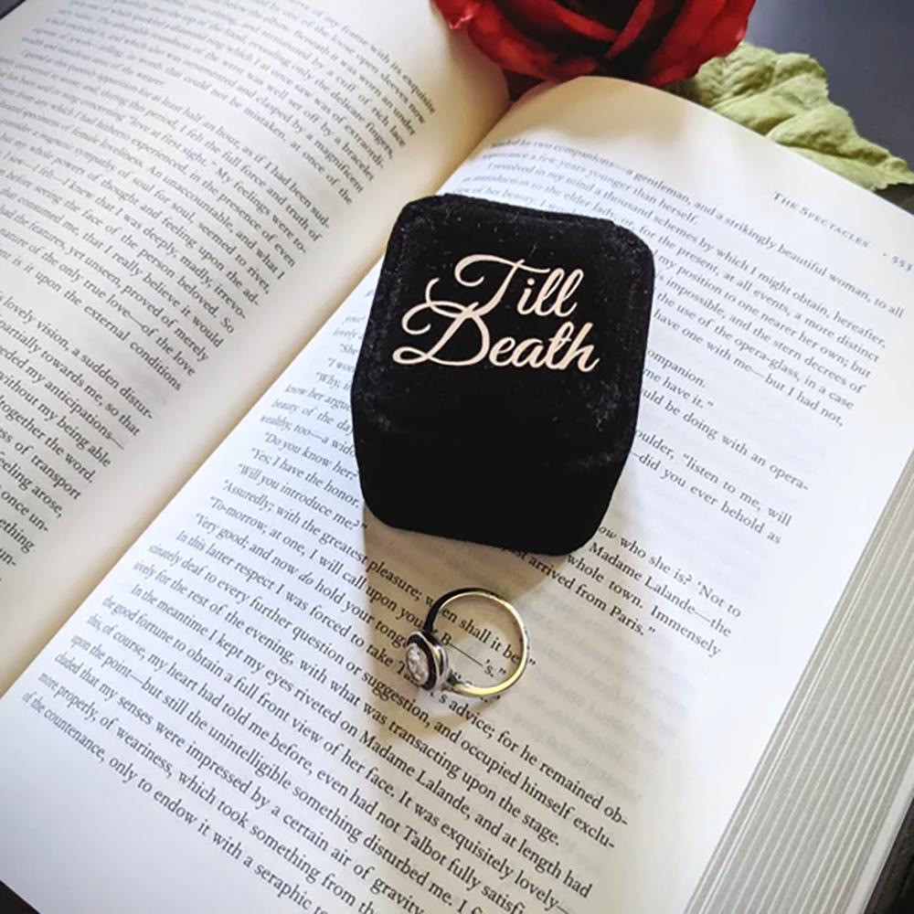 Till Death Black Velvet Traditional Ring Box Wedding Engagement Photography Prop Gothic Halloween Gift Wedding Proposal Ring Box