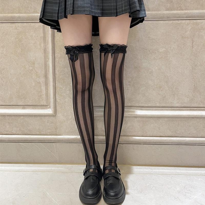 JK Women Sheer Silky Vertical Stripes Over Knee Long Socks with Cute Bowknot Japanese Lolita Leggings Thigh High Stockings