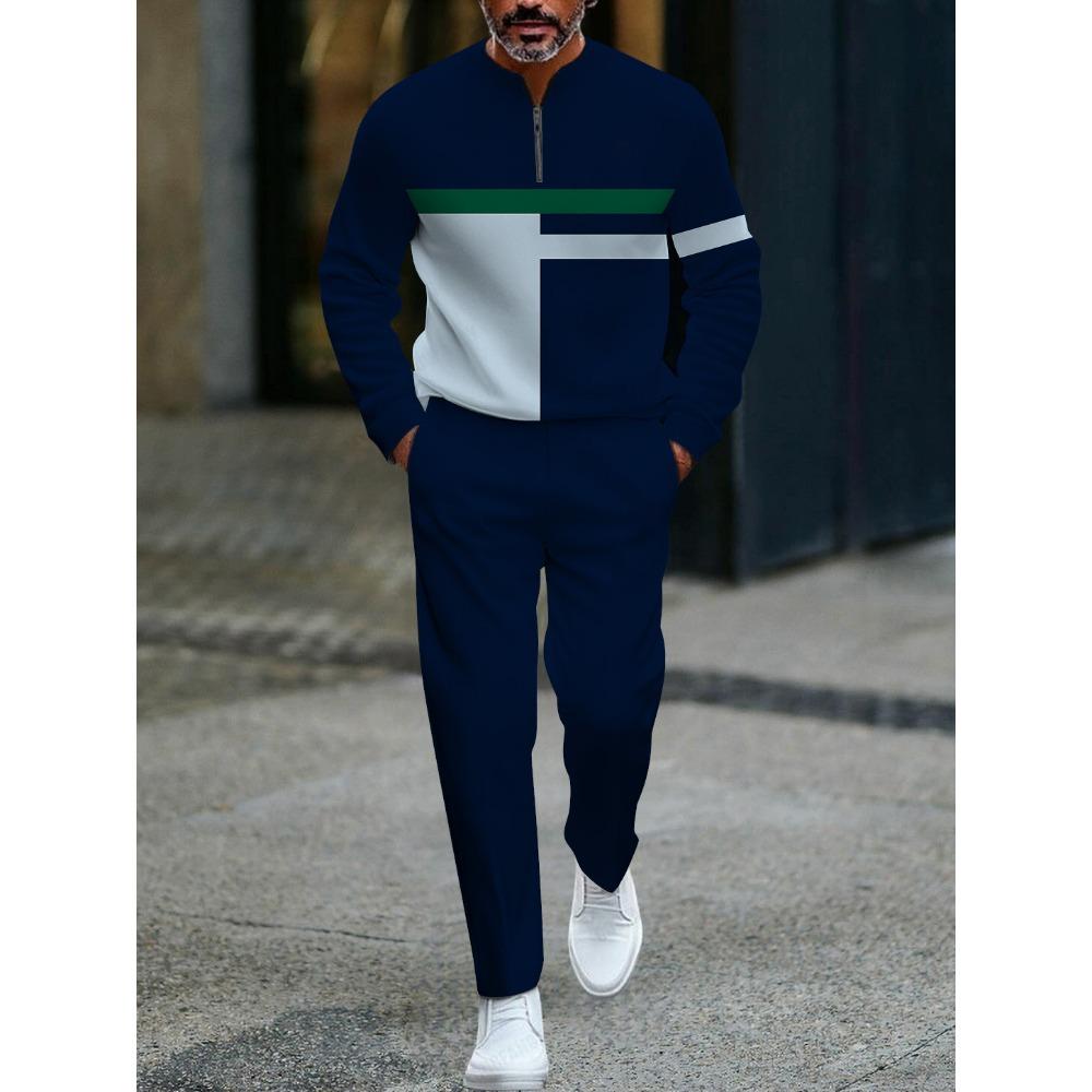Spring Autumn 3D Printed Fashion Cool Men's Long-Sleeved Sets Half-Zipper Stand-Up Collar Men's Casual Sportswear Two-Piece Set