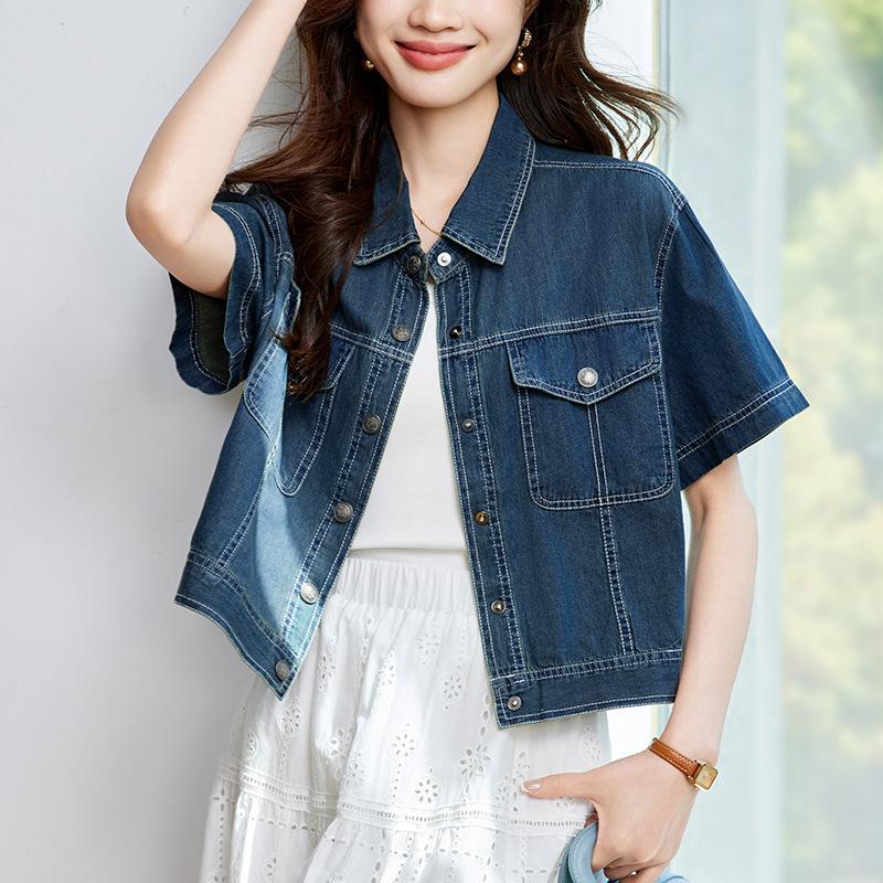 Short Denim Top Jacket Womens Short-sleeved Summer Small Top Literary Vintage Top