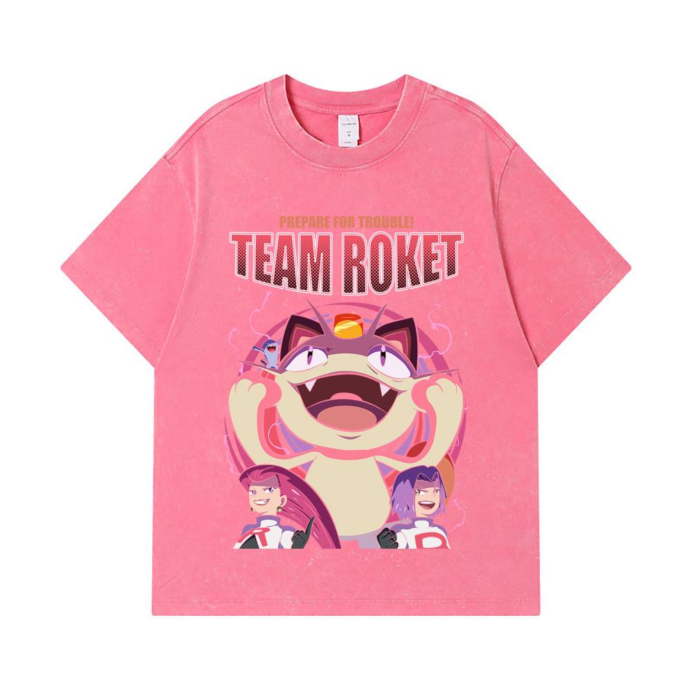 

275 GSM Washed T-shirts 100% Cotton Pokemon V8 Team Rocket Print Unisex Heavy Cotton T Shirt XL рожевий