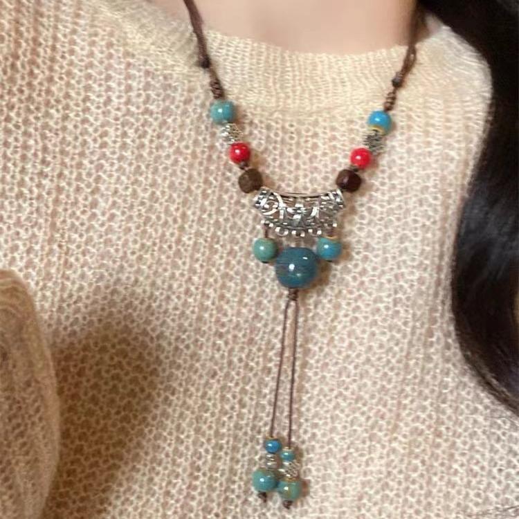 Retro ethnic style ceramic necklace women's woven rope niche retro new Chinese style new popular with jewelry women